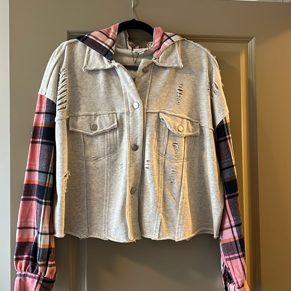 NWT distressed sweatshirt w/flannel contrast